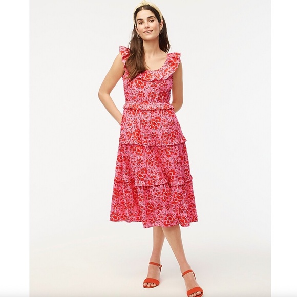J Crew Printed Ruffle Midi Dress in Azalea Belvedere Red - Picture 1 of 6